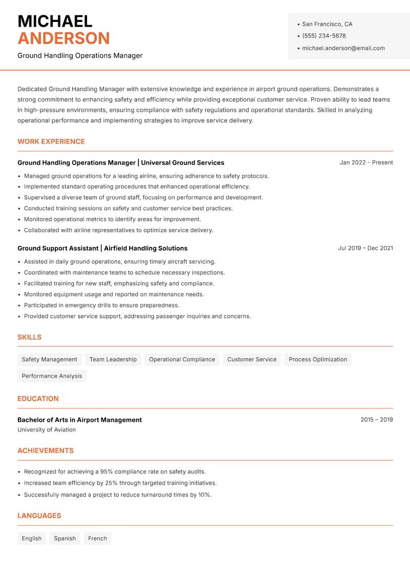Ground Handling Manager Resume Template
