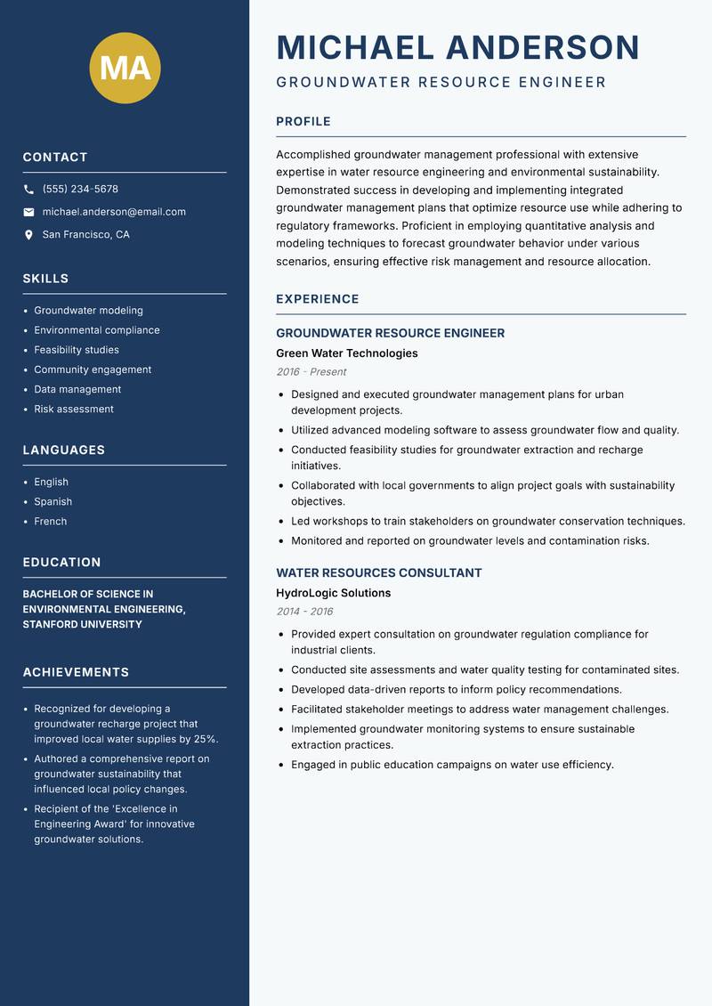 Groundwater Management Specialist Resume Preview Example