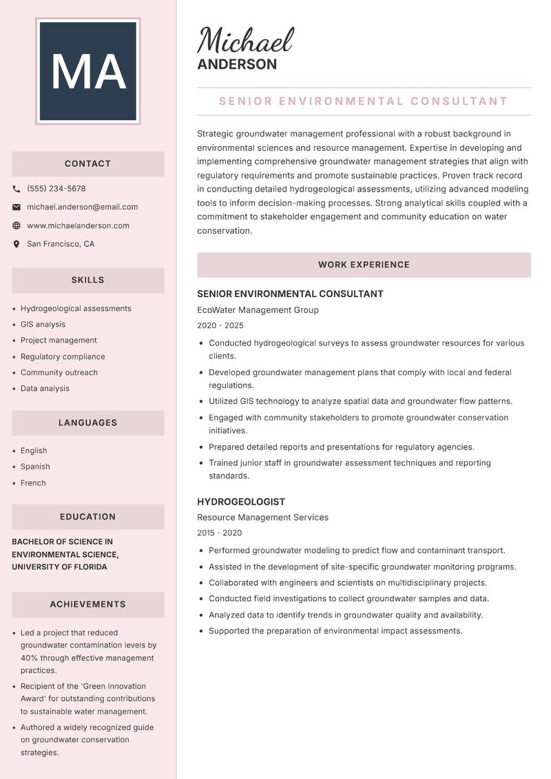 Groundwater Management Specialist Resume Preview Example