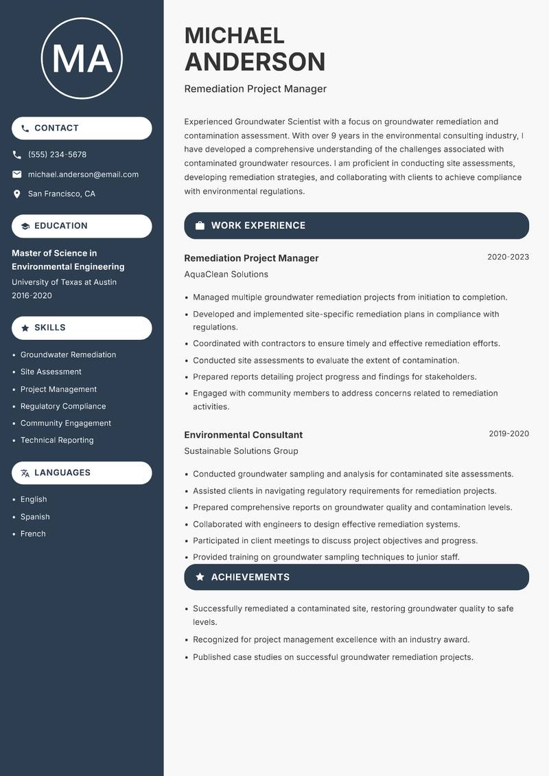 Groundwater Scientist Resume Preview Example