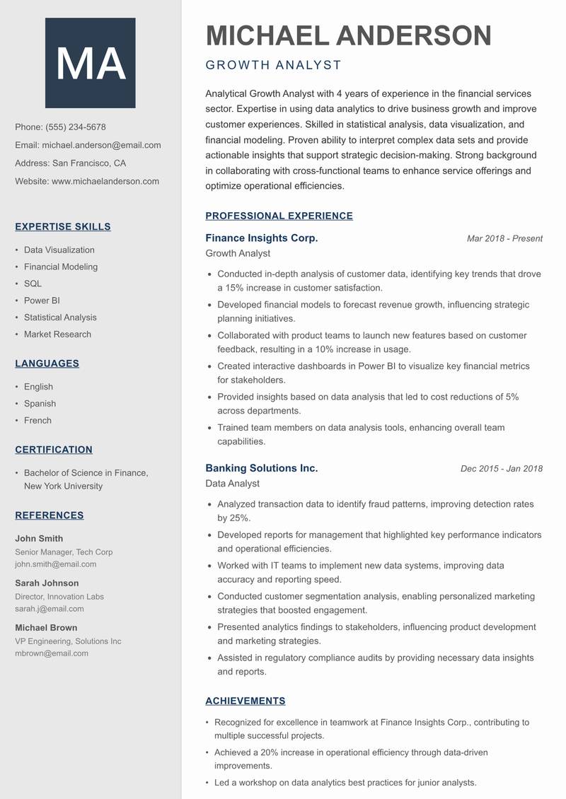 Growth Analyst Resume Preview Example