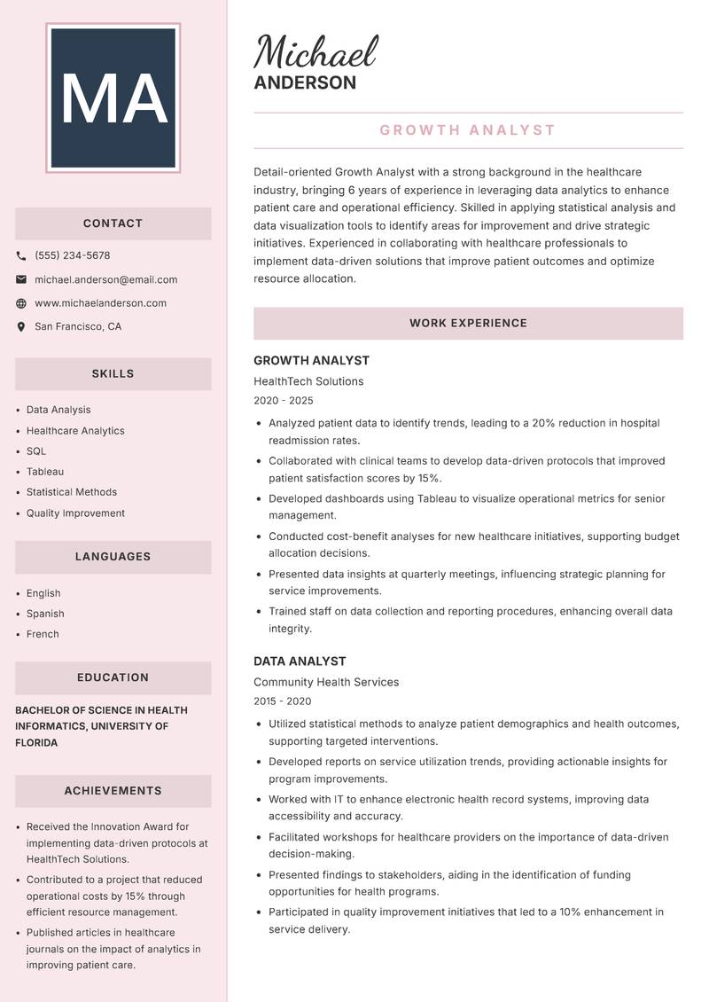 Growth Analyst Resume Preview Example