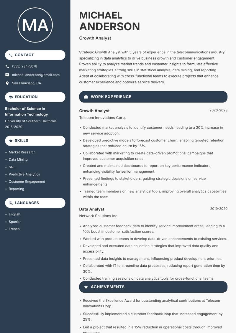 Growth Analyst Resume Preview Example