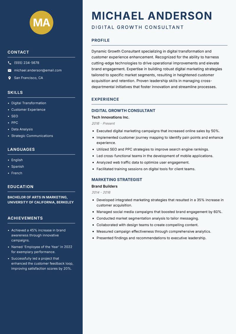Growth Consultant Resume Preview Example