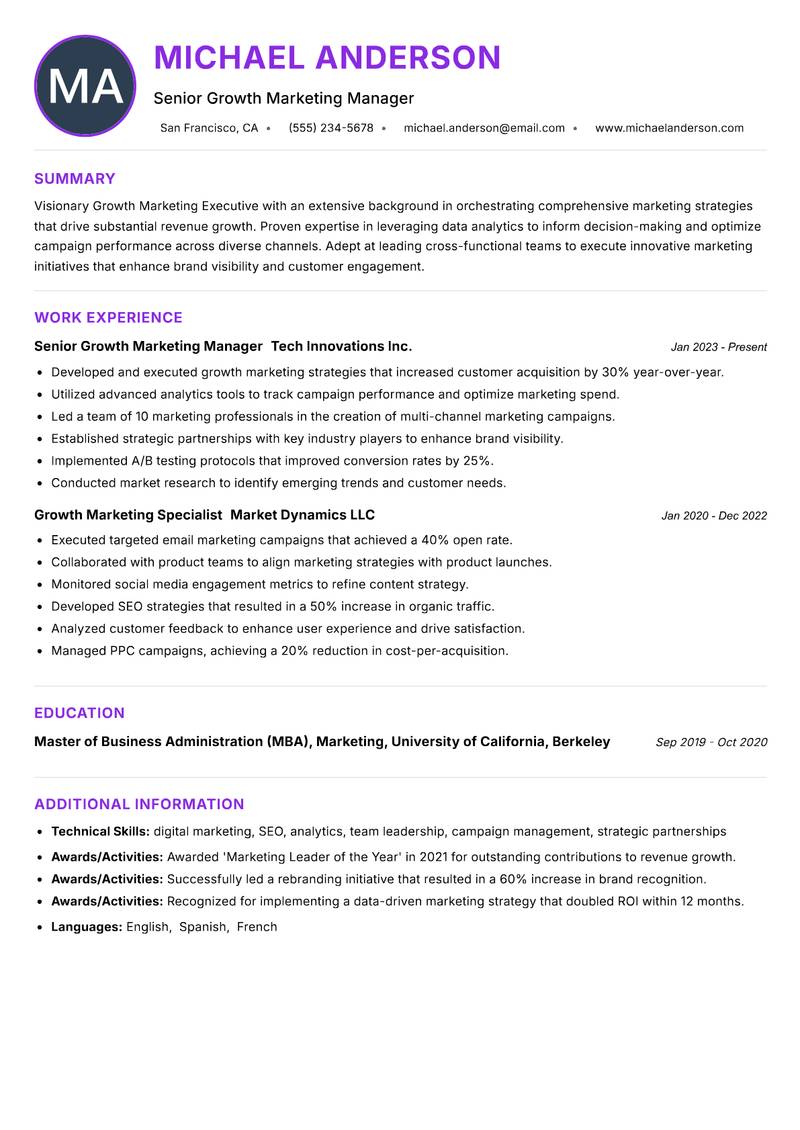 Growth Marketing Executive Resume Preview Example