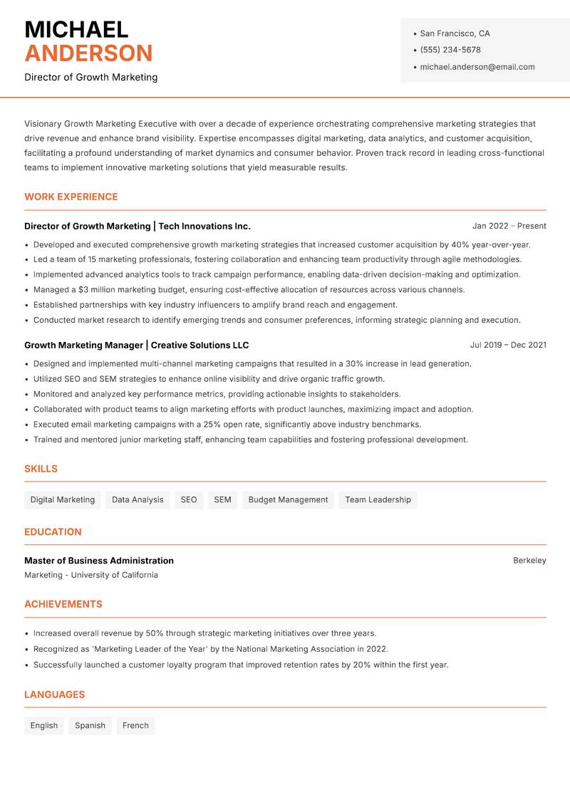 Growth Marketing Executive Resume Template