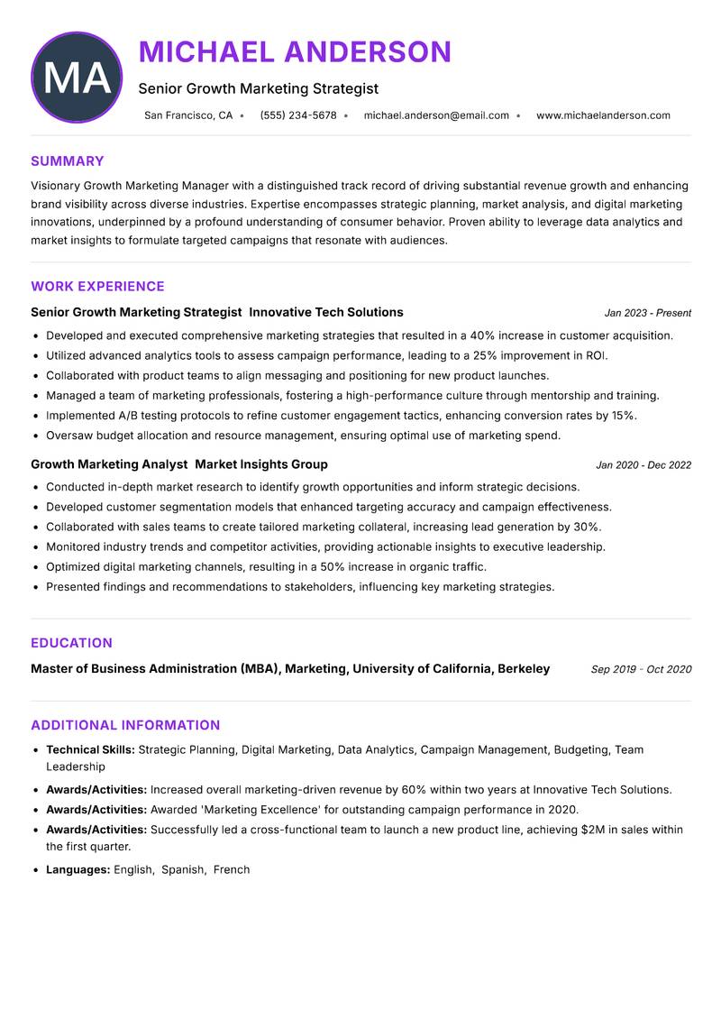 Growth Marketing Manager Resume Preview Example
