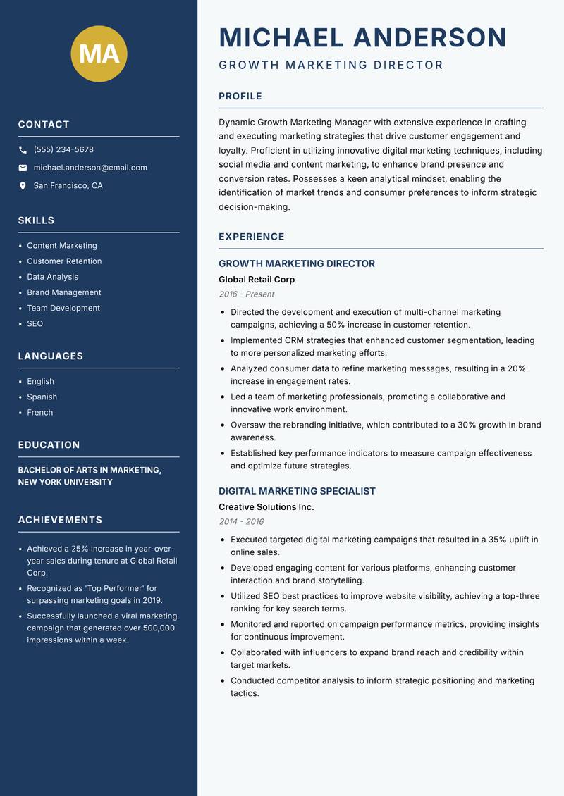 Growth Marketing Manager Resume Preview Example