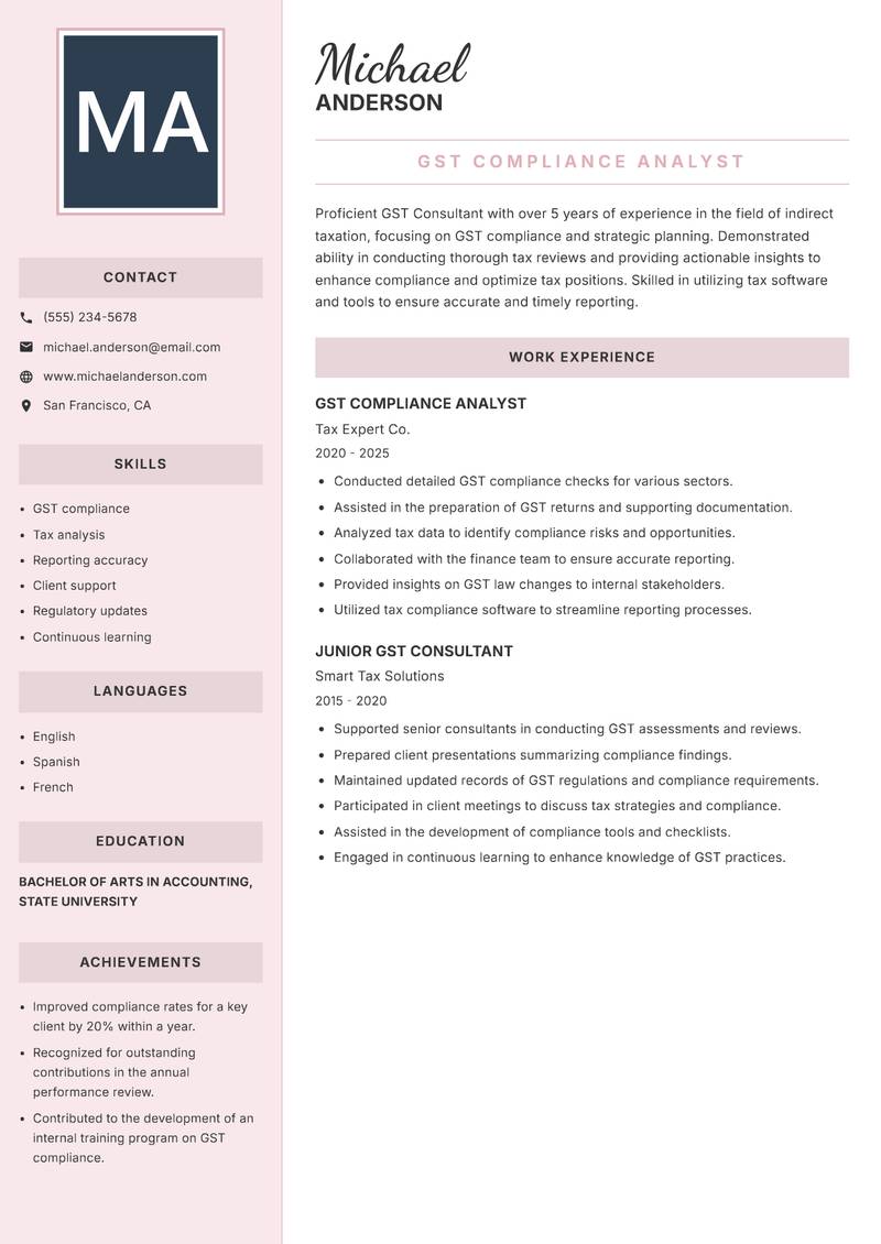 GST Consultant Resume Preview Example
