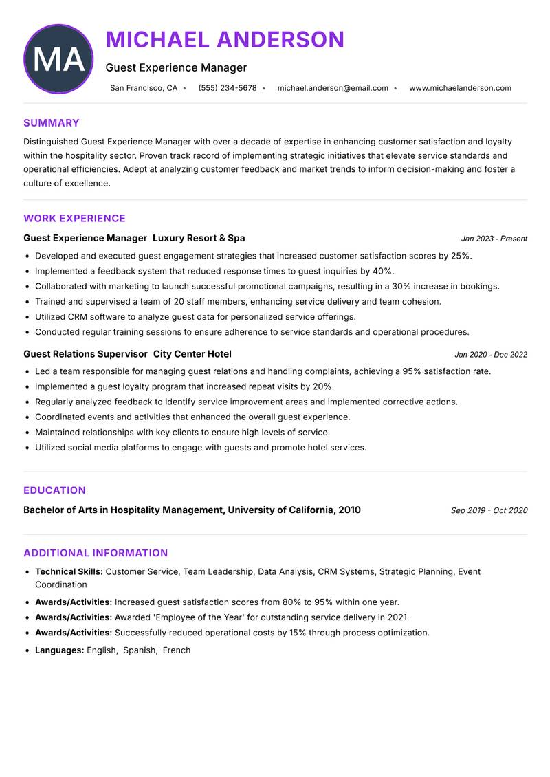 Guest Experience Manager Resume Preview Example