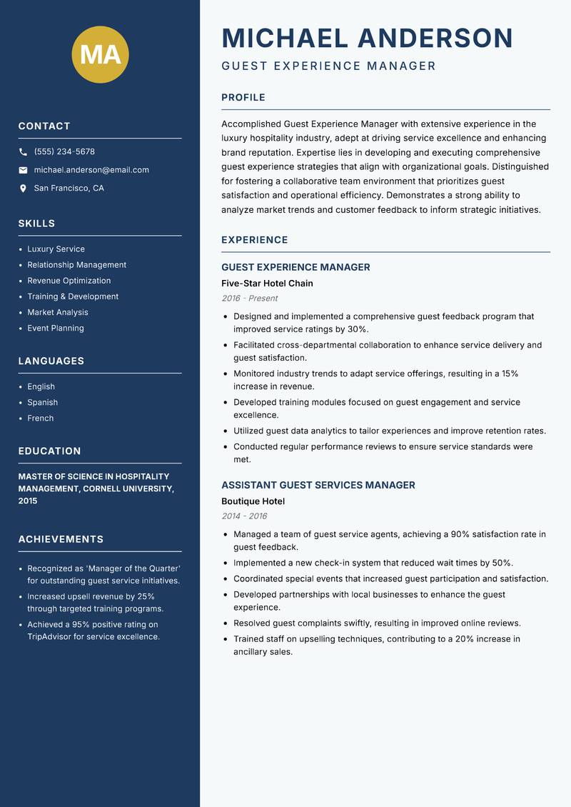 Guest Experience Manager Resume Preview Example