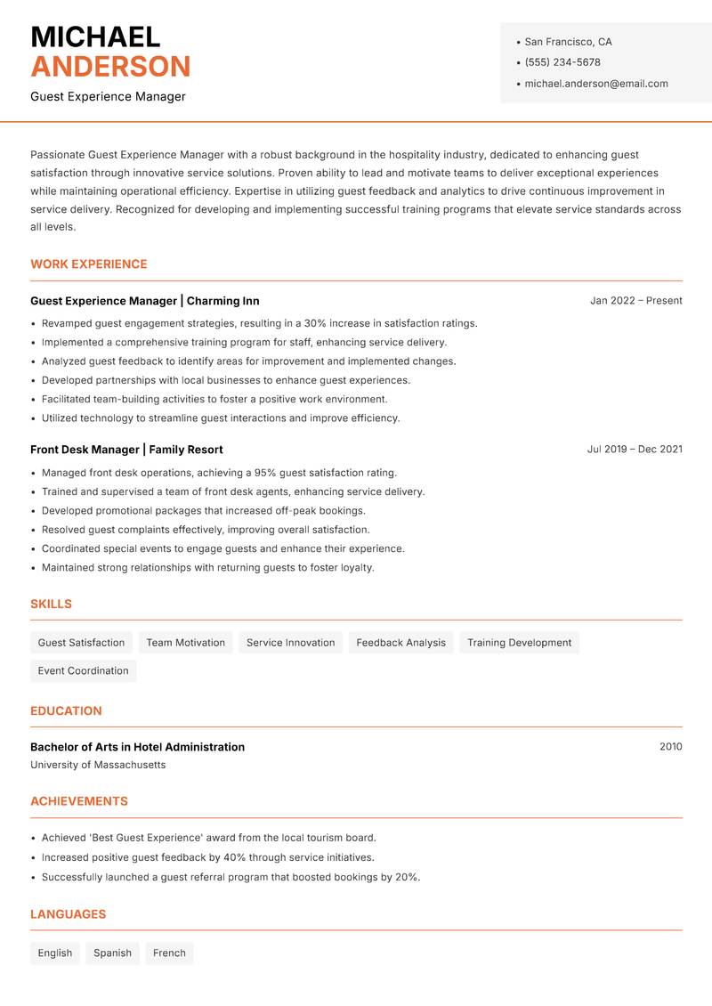 Guest Experience Manager Resume Template