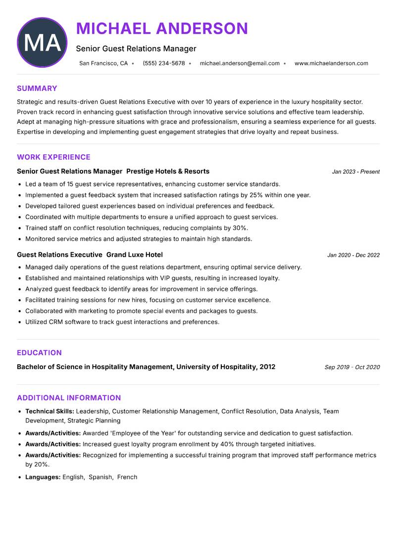 Guest Relations Executive Resume Preview Example
