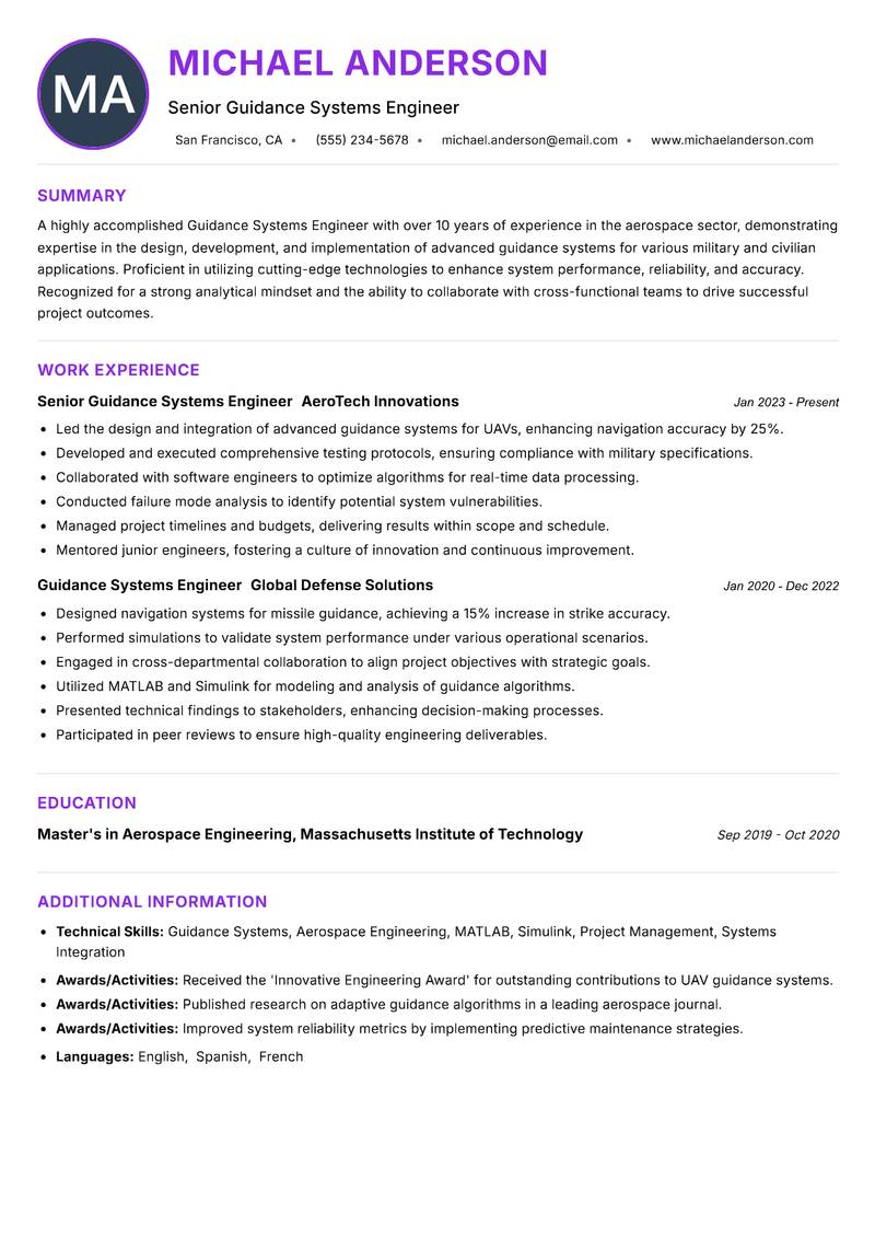 Guidance Systems Engineer Resume Preview Example