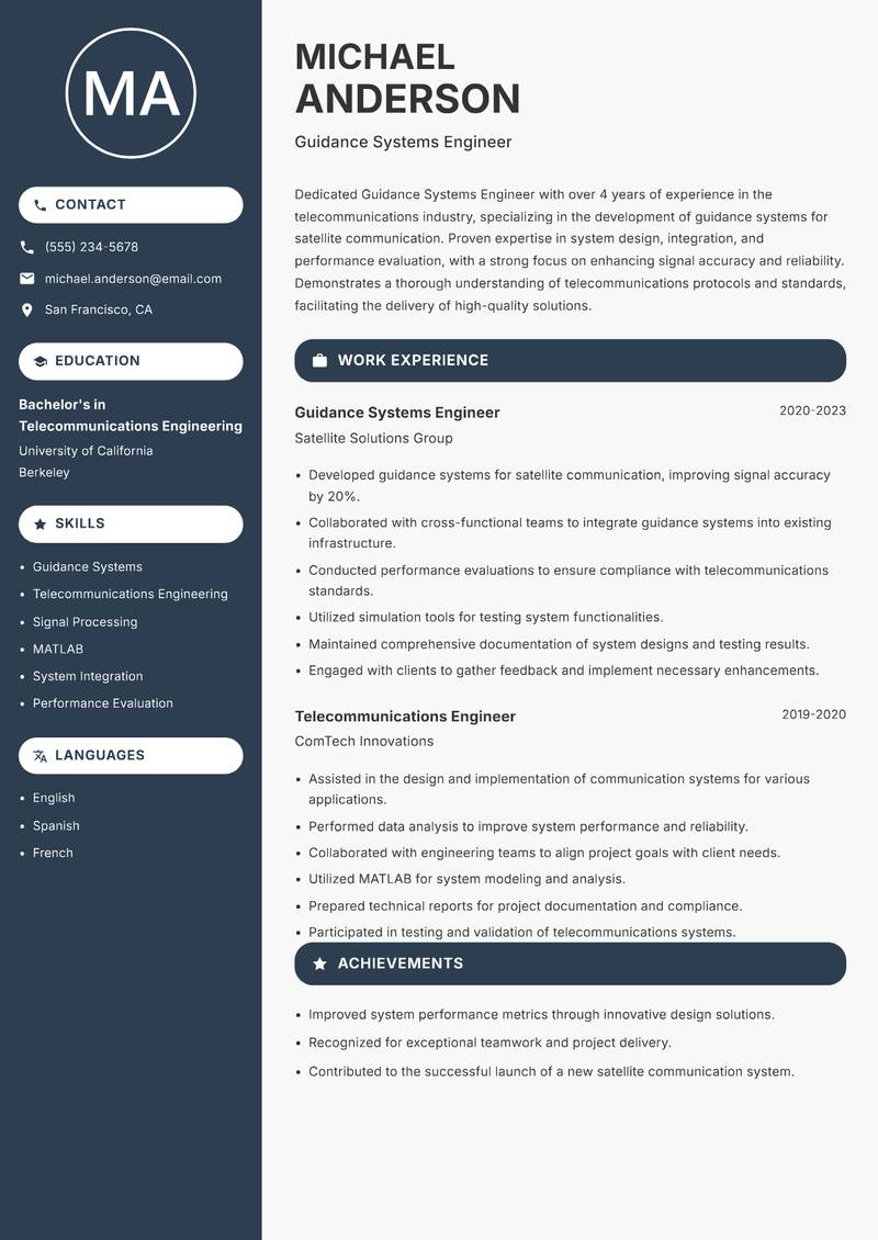 Guidance Systems Engineer Resume Preview Example