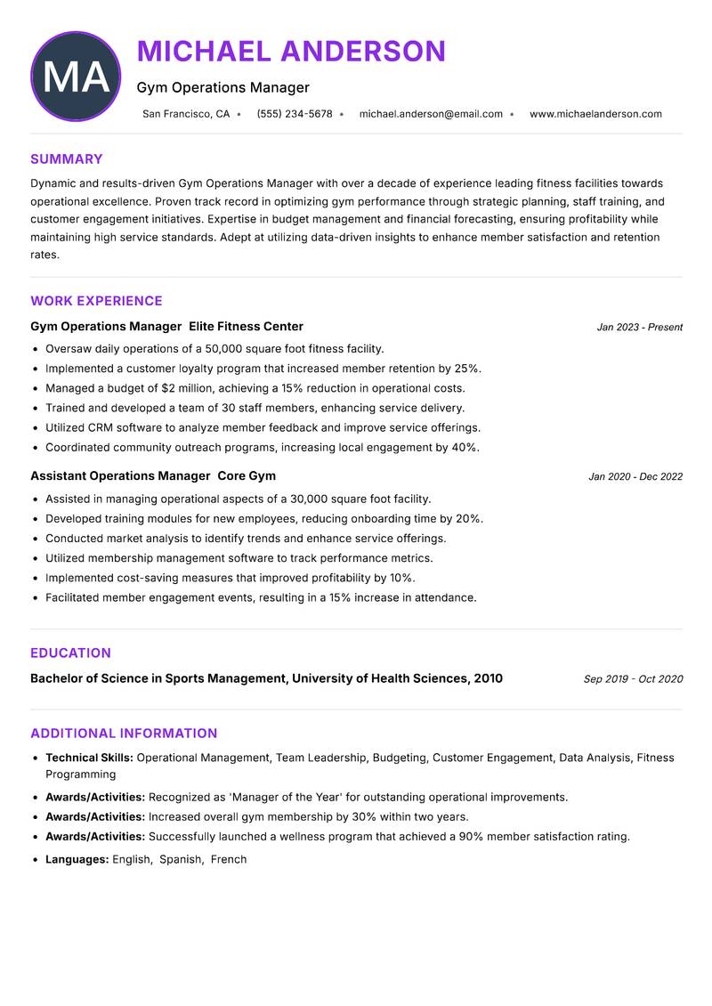 Gym Operations Manager Resume Preview Example