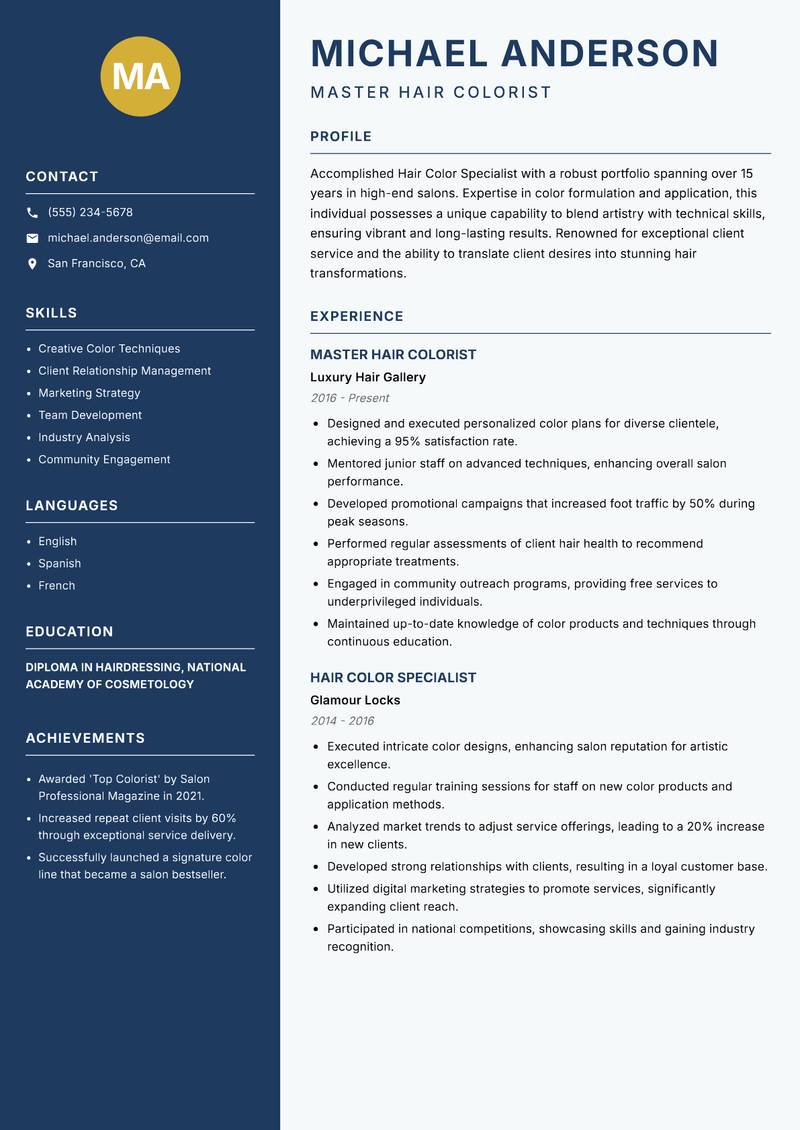 Hair Color Specialist Resume Preview Example