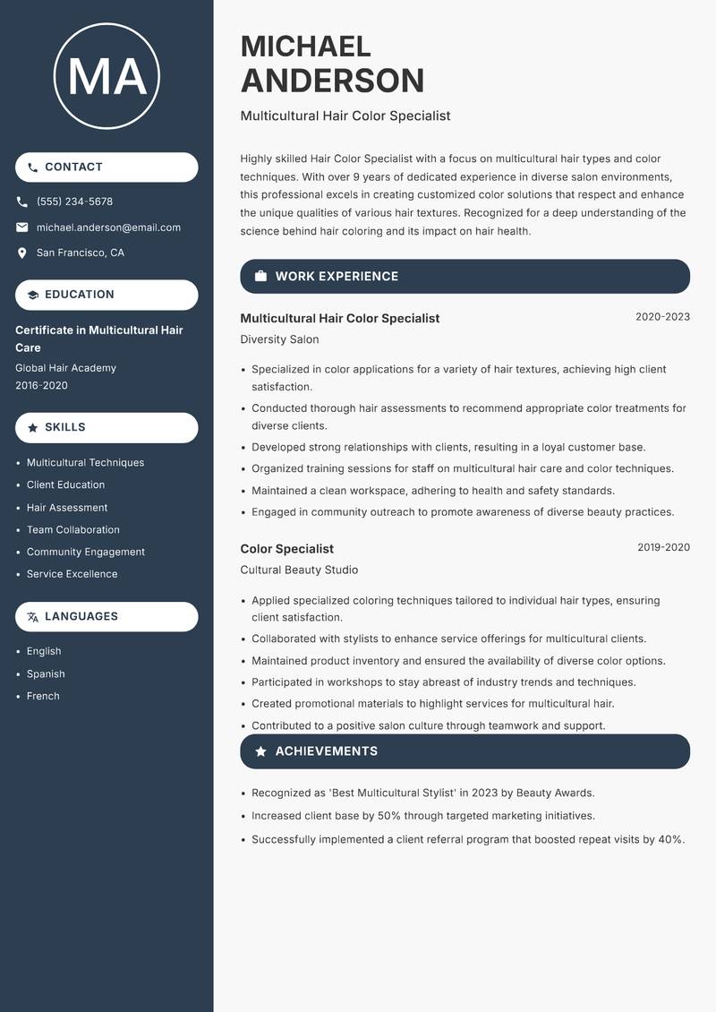 Hair Color Specialist Resume Preview Example