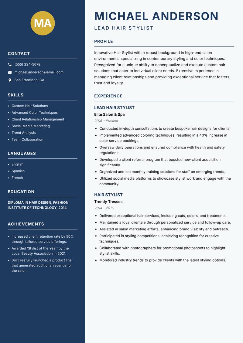 Hair Stylist Resume Preview Example