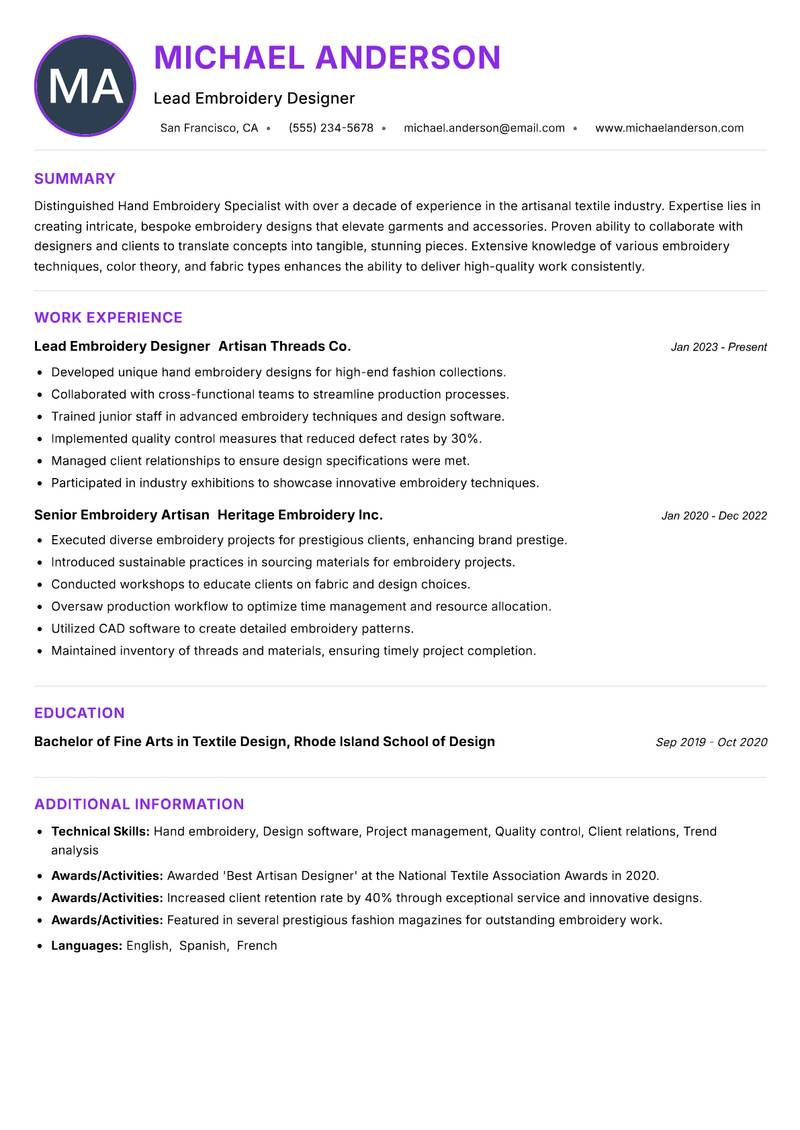 Hand Embroidery Specialist Resume Preview Example