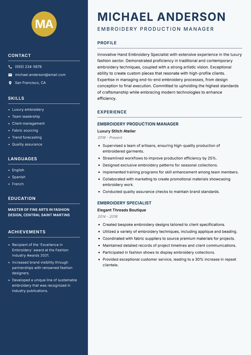 Hand Embroidery Specialist Resume Preview Example