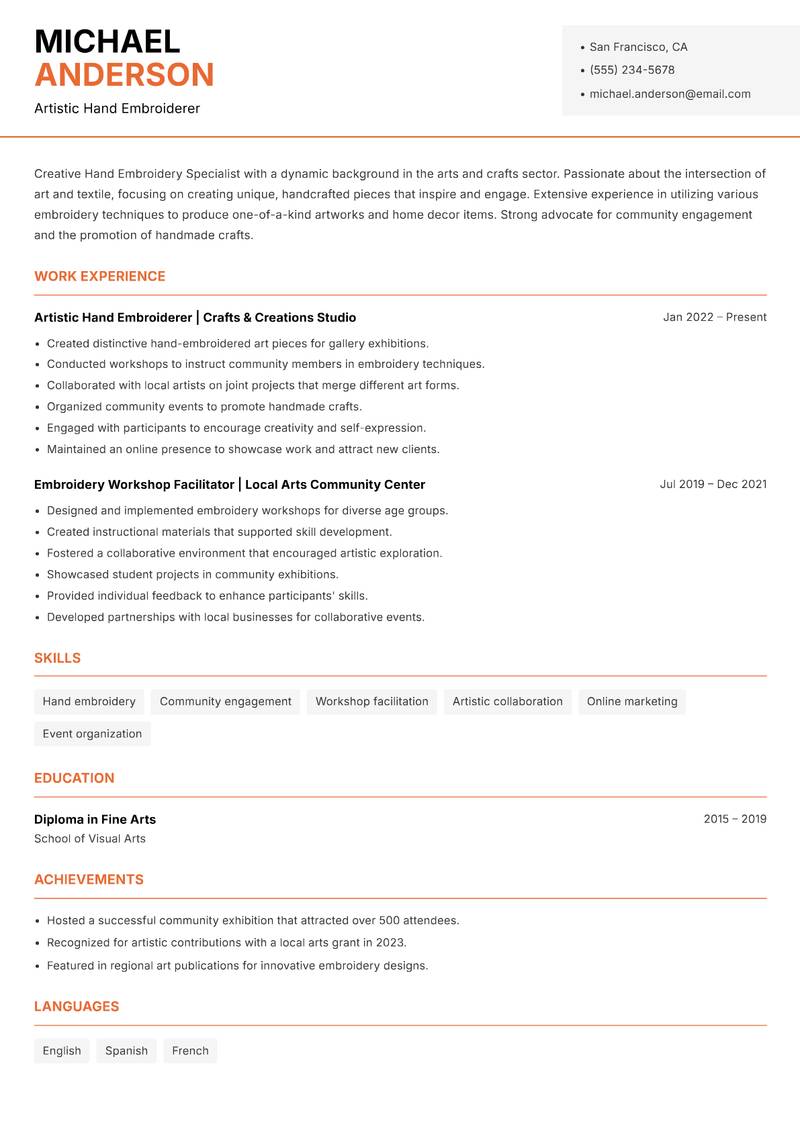 Hand Embroidery Specialist Resume Template
