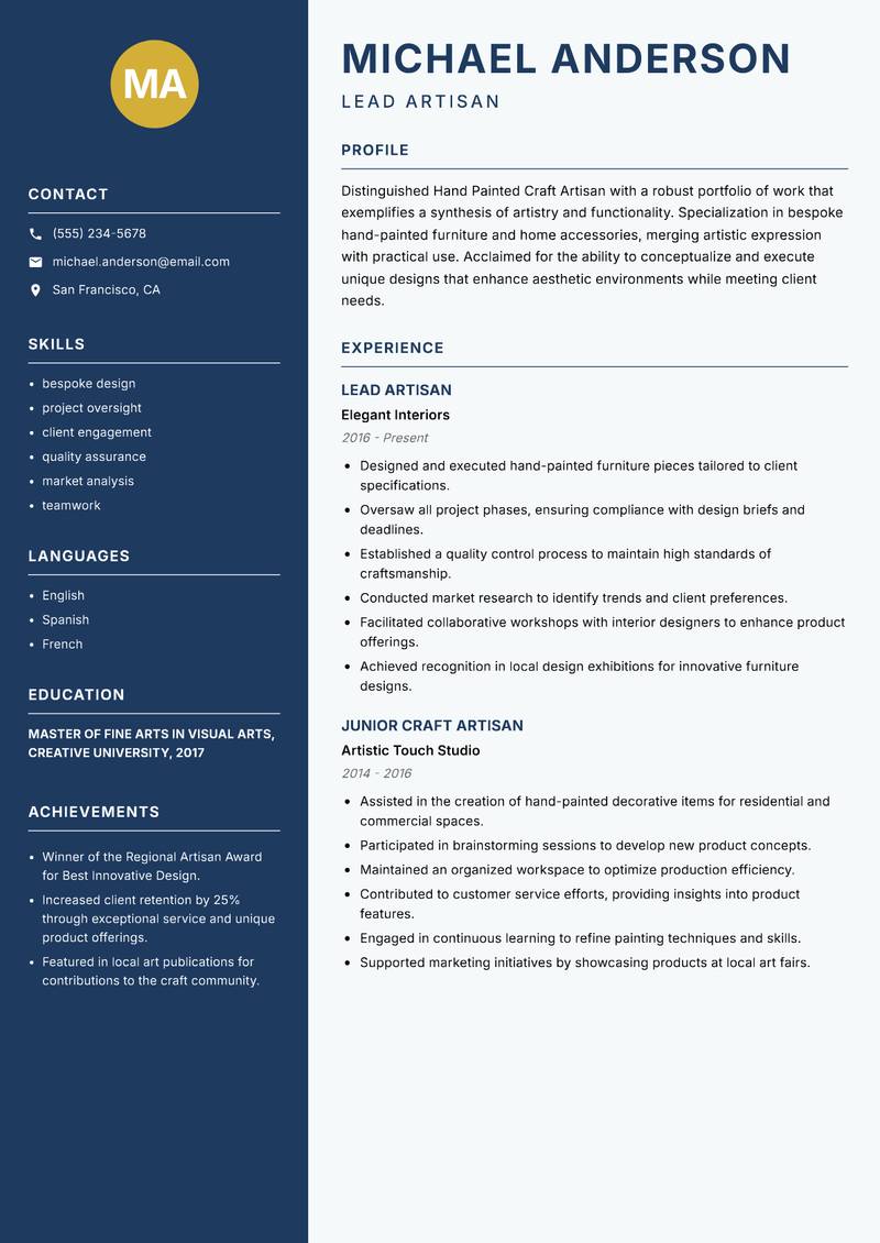Hand Painted Craft Artisan Resume Preview Example