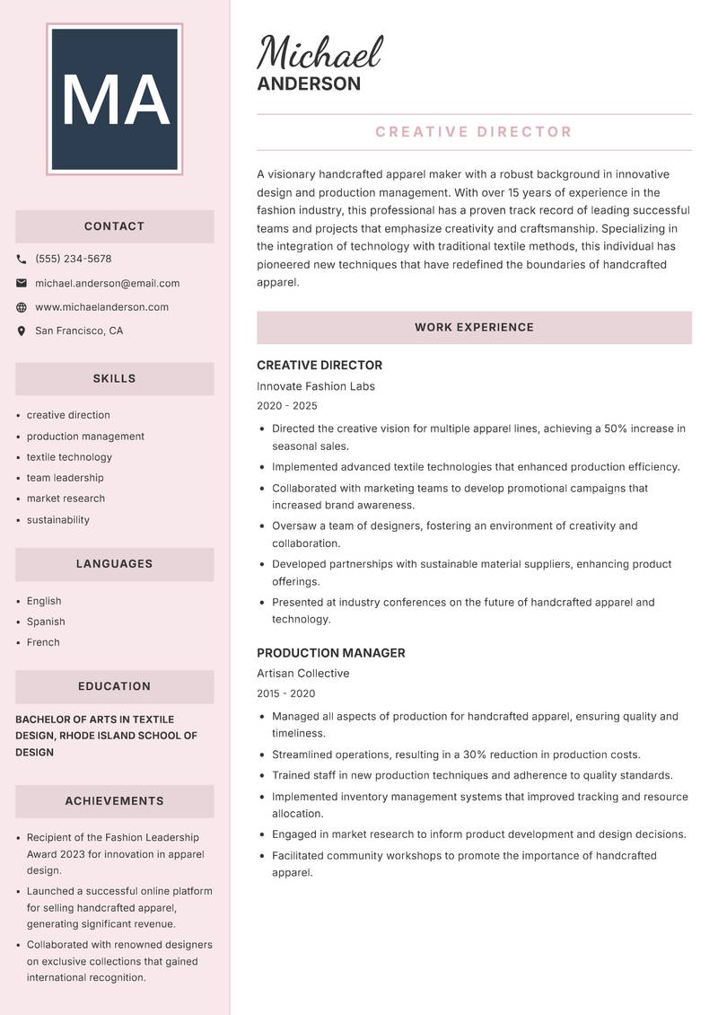 Handcrafted Apparel Maker Resume Preview Example