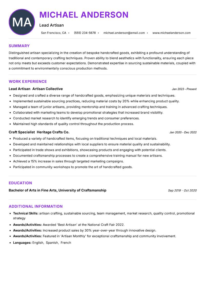Handcrafted Goods Maker Resume Preview Example
