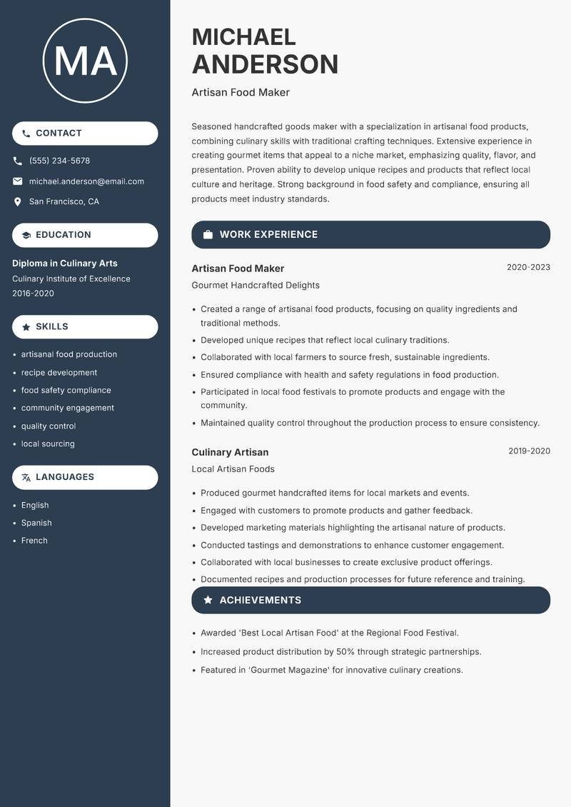 Handcrafted Goods Maker Resume Preview Example