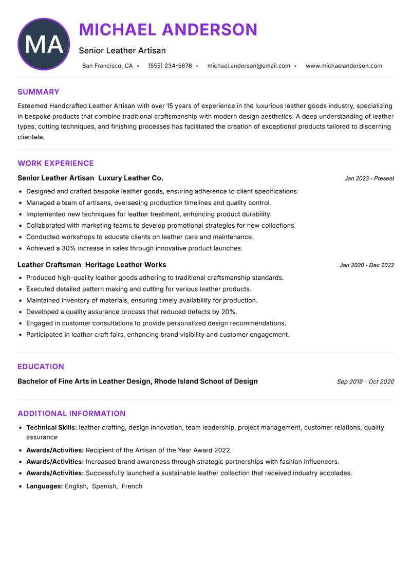 Handcrafted Leather Artisan Resume Preview Example