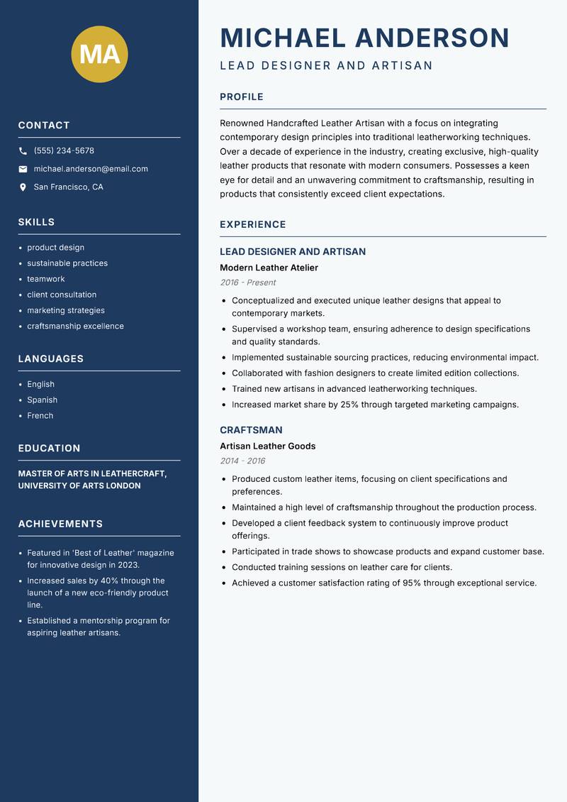 Handcrafted Leather Artisan Resume Preview Example