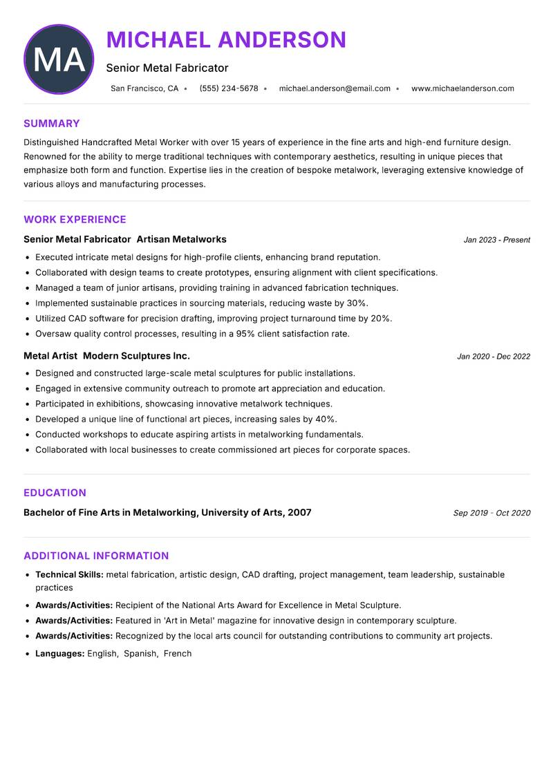 Handcrafted Metal Worker Resume Preview Example