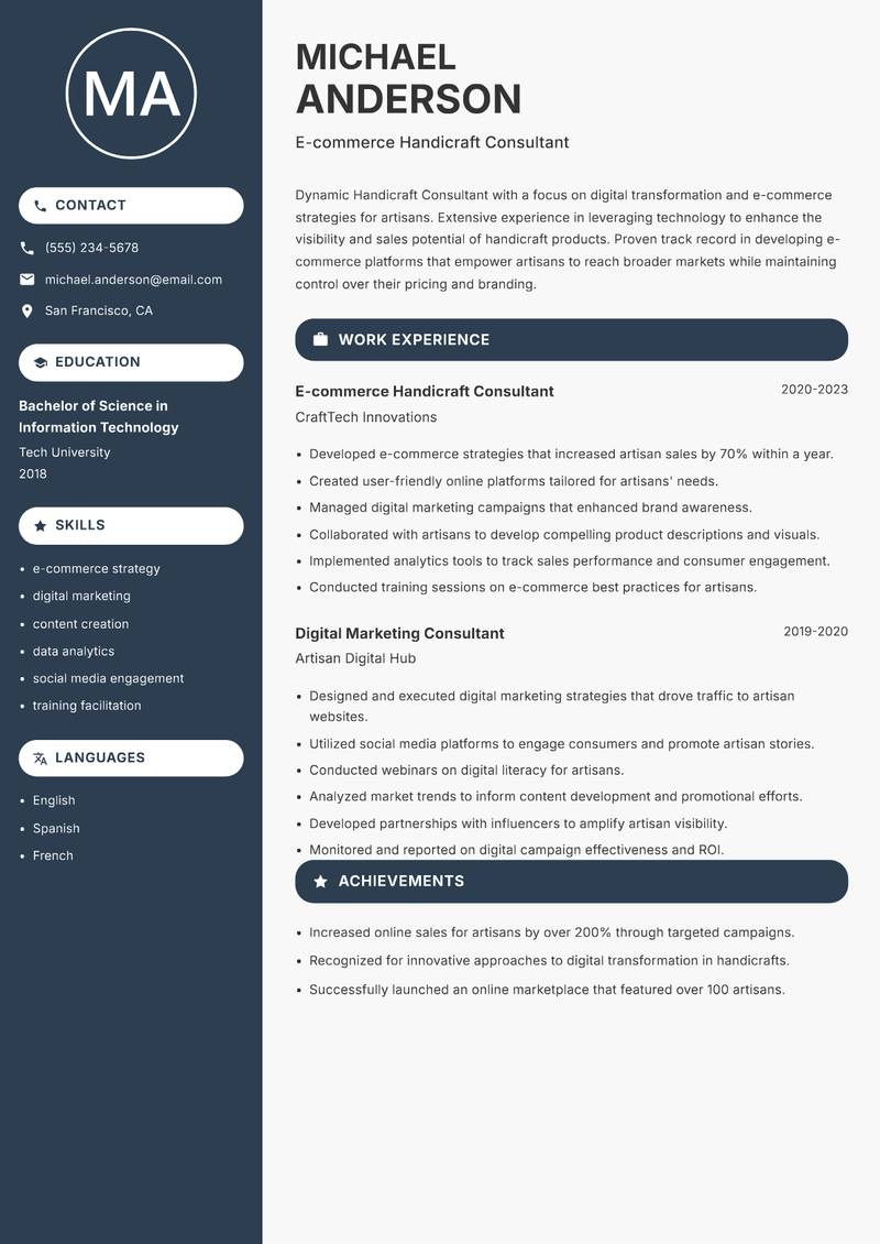 Handicraft Consultant Resume Preview Example