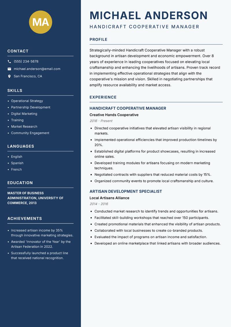 Handicraft Cooperative Manager Resume Preview Example