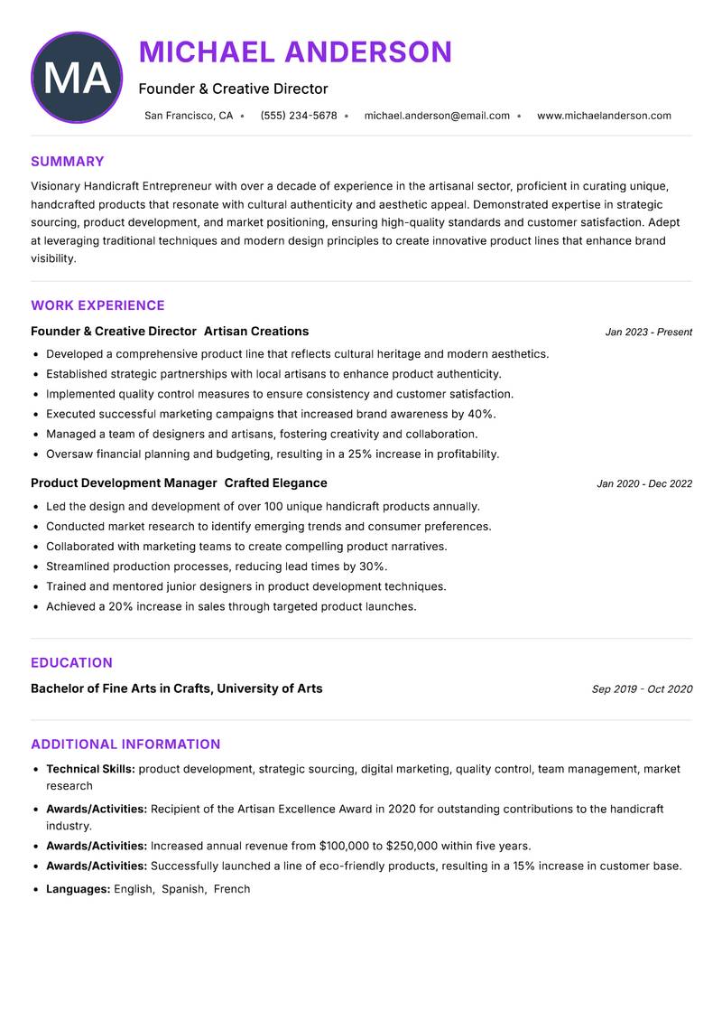 Handicraft Entrepreneur Resume Preview Example