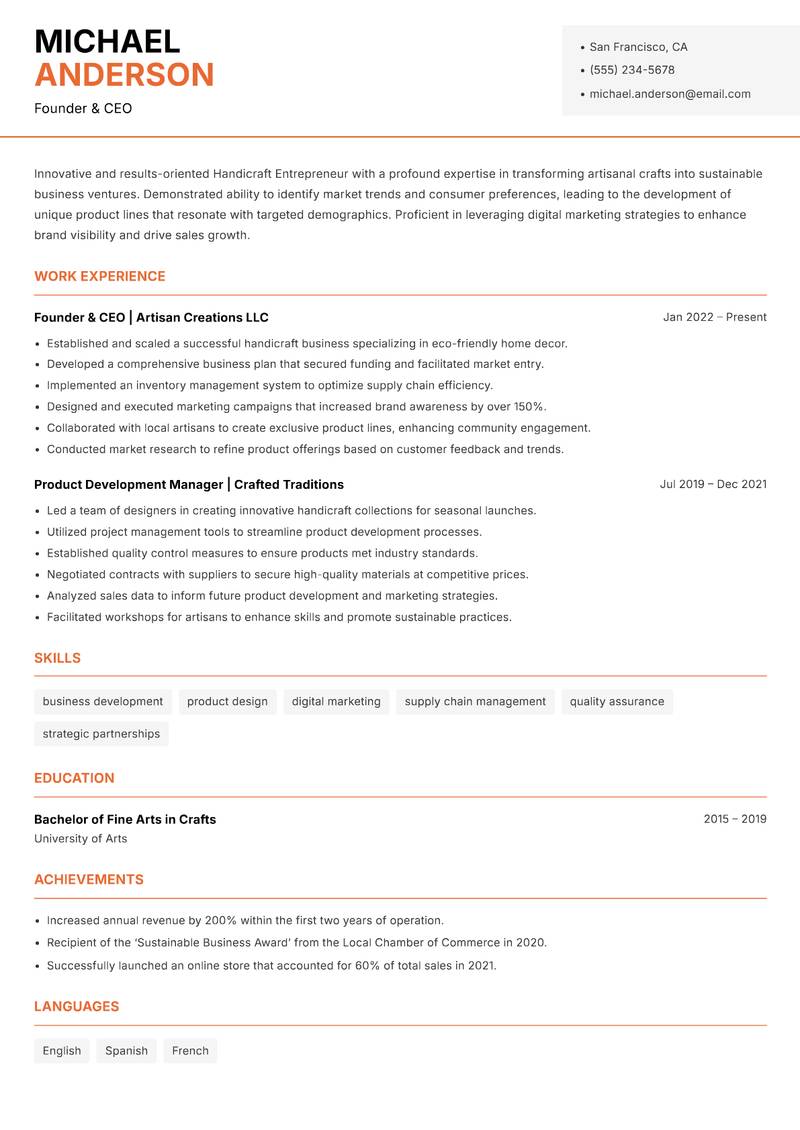 Handicraft Entrepreneur Resume Template