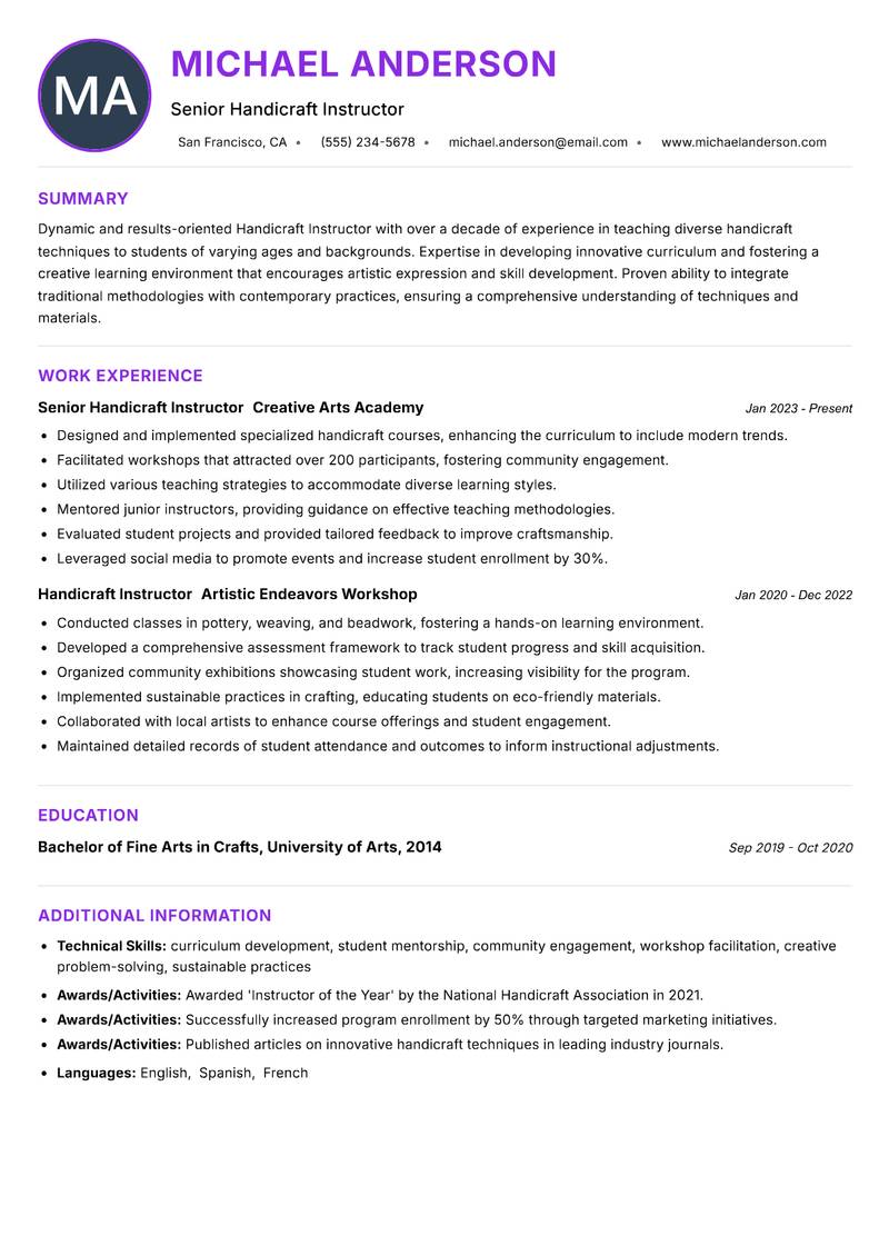 Handicraft Instructor Resume Preview Example