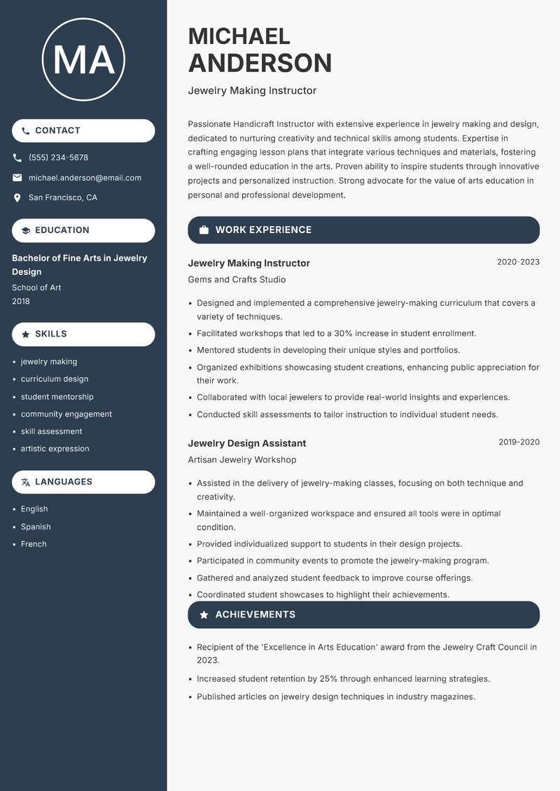 Handicraft Instructor Resume Preview Example