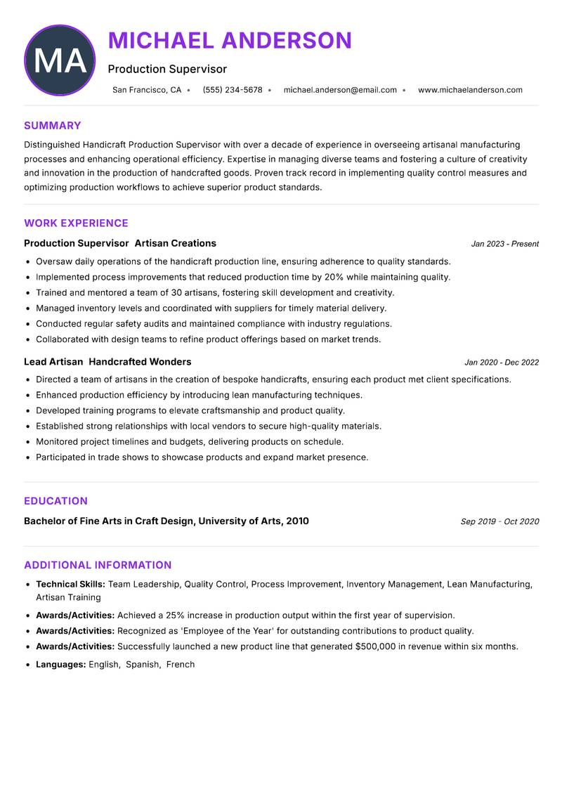 Handicraft Production Supervisor Resume Preview Example