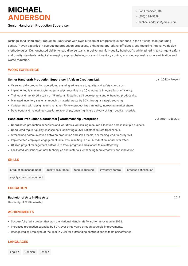 Handicraft Production Supervisor Resume Template