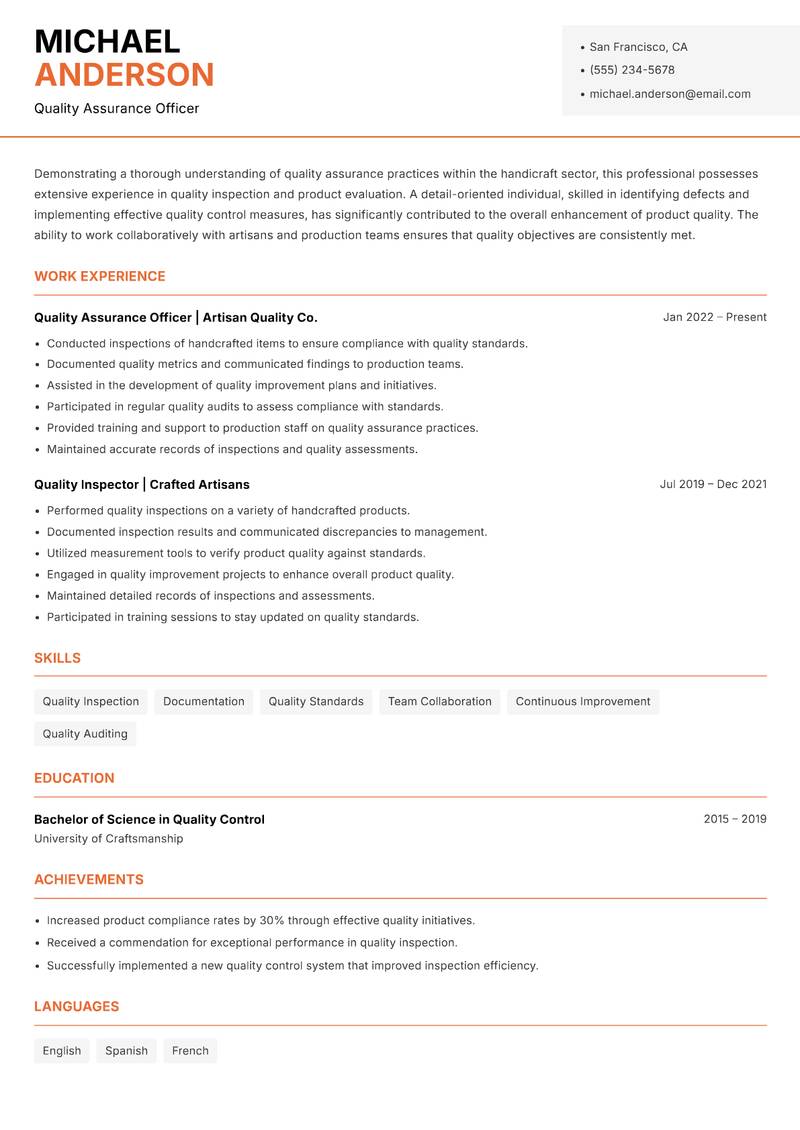 Handicraft Quality Inspector Resume Template