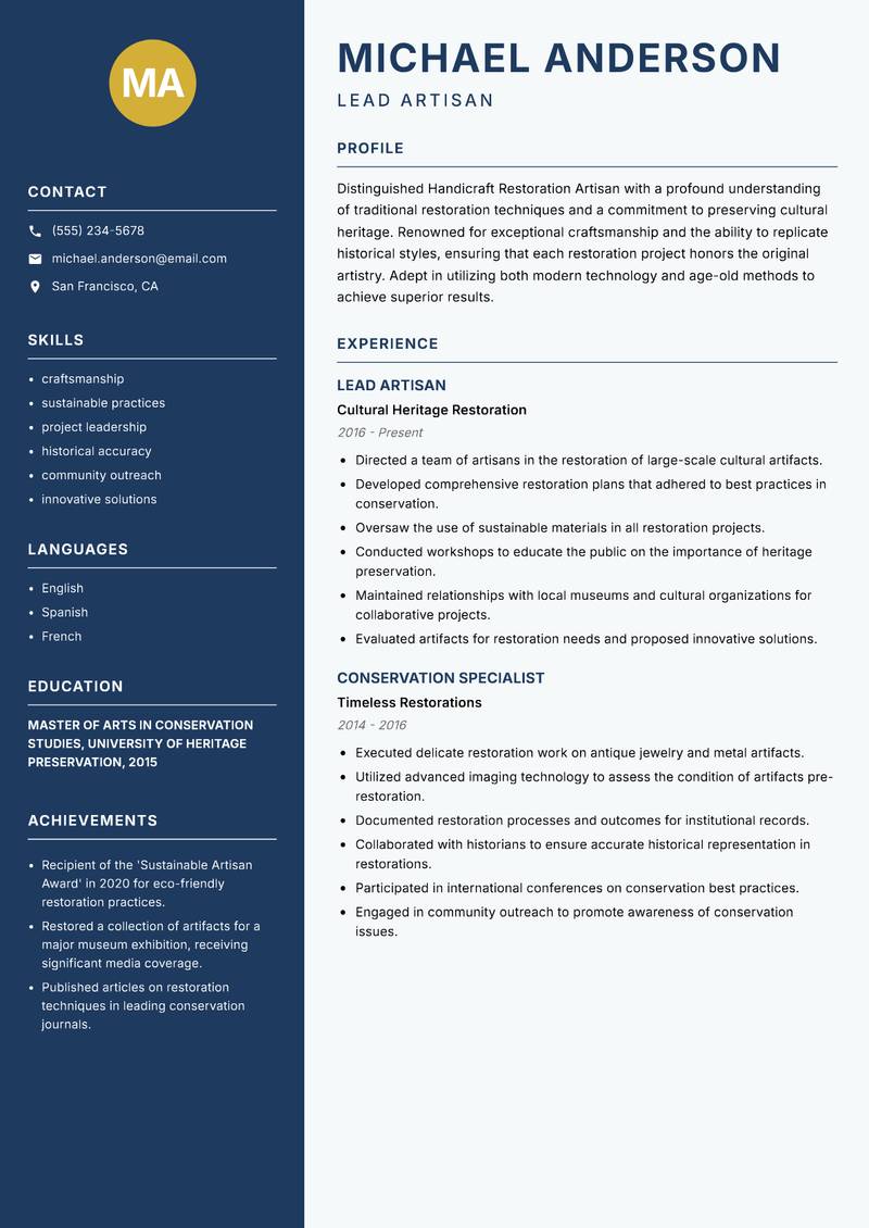 Handicraft Restoration Artisan Resume Preview Example