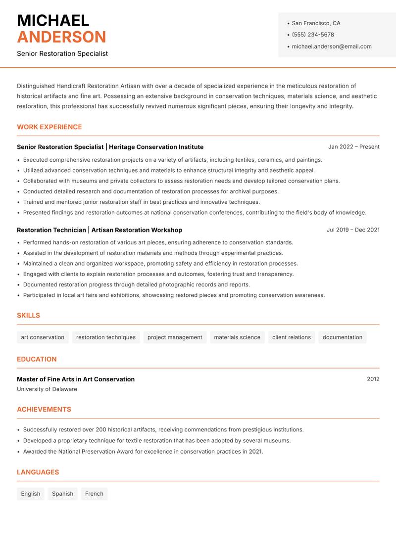 Handicraft Restoration Artisan Resume Template