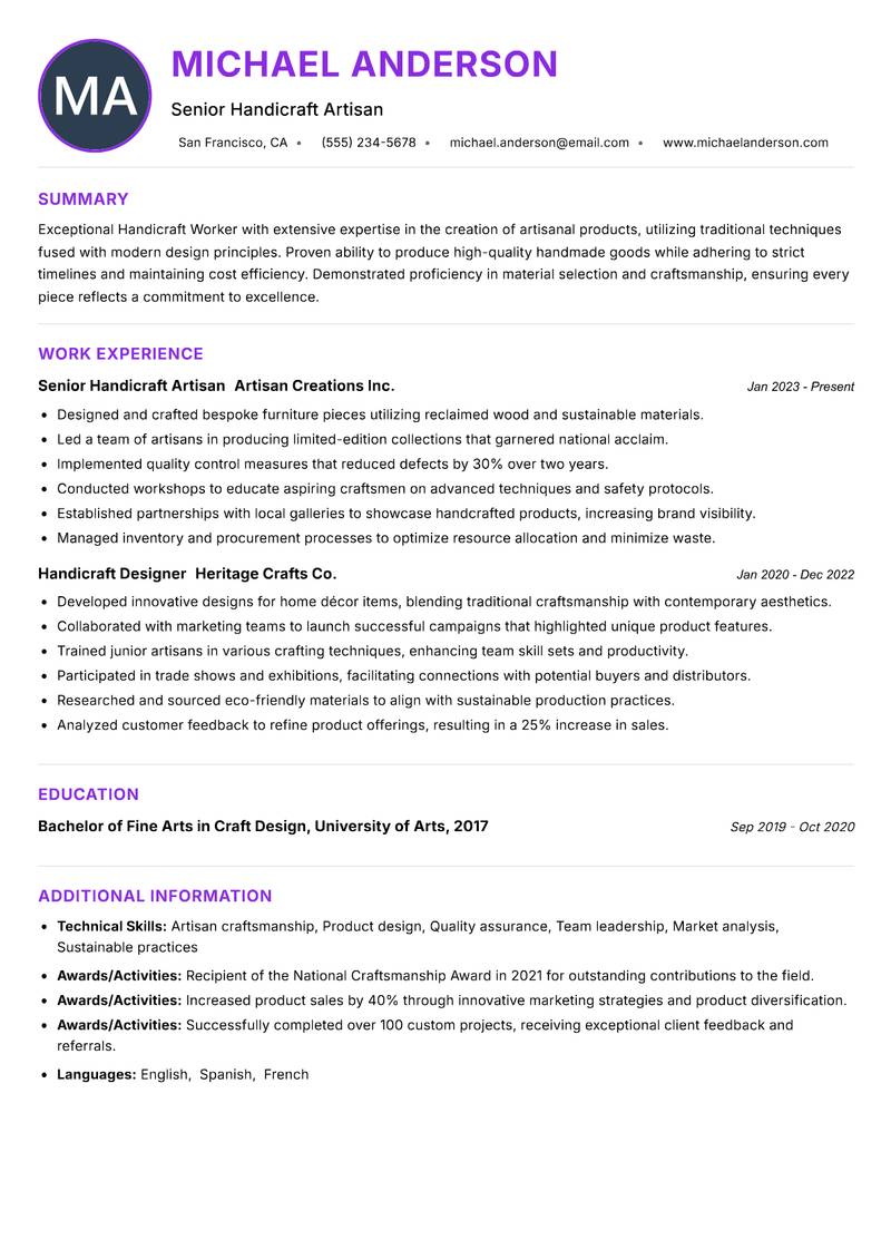 Handicraft Worker Resume Preview Example