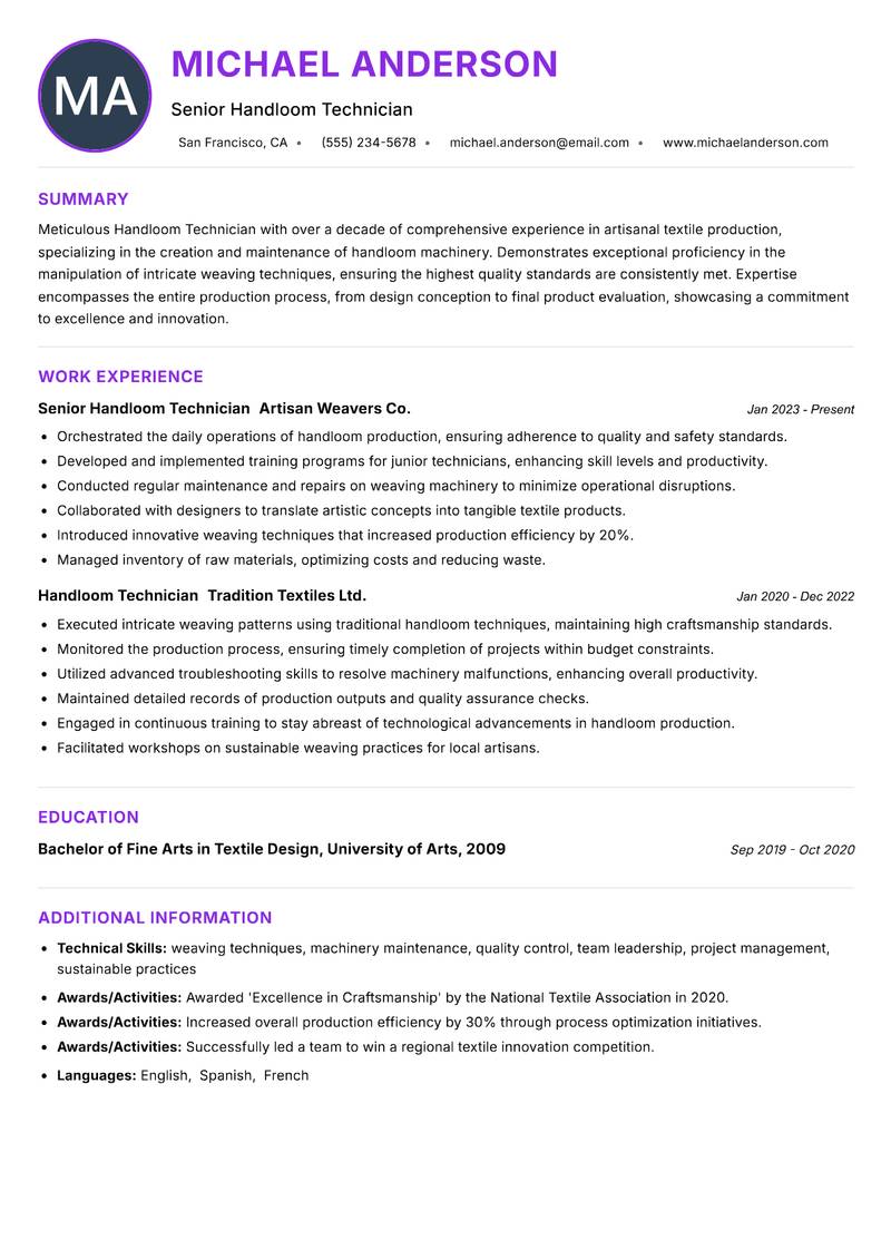 Handloom Technician Resume Preview Example