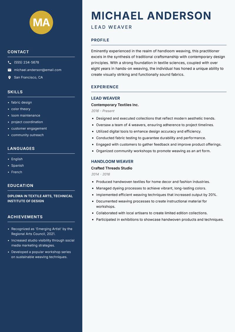 Handloom Weaver Resume Preview Example