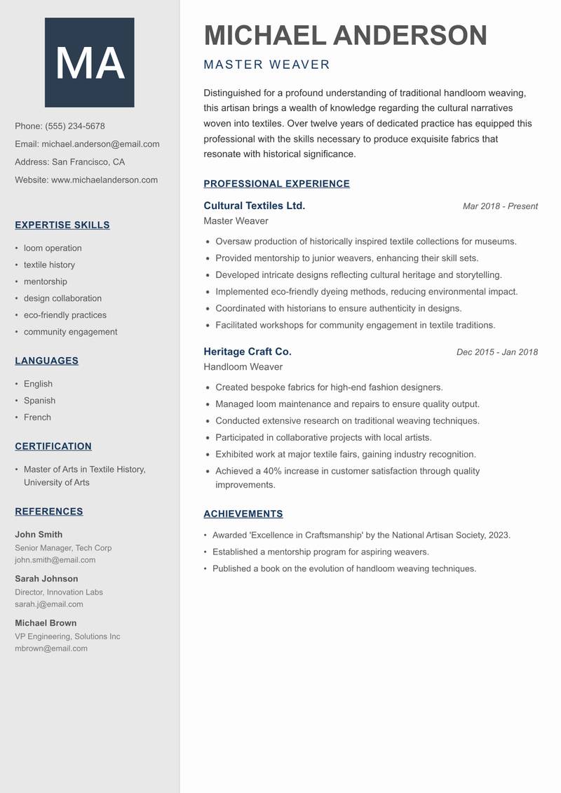 Handloom Weaver Resume Preview Example
