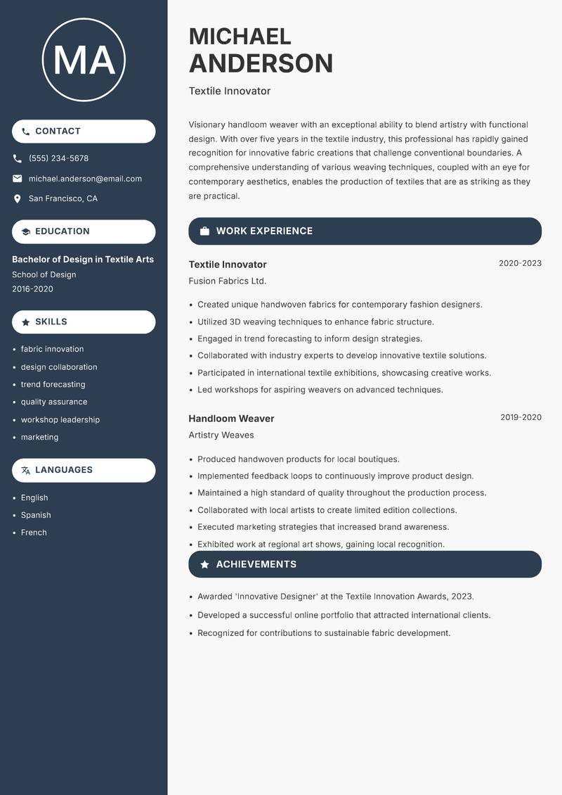 Handloom Weaver Resume Preview Example