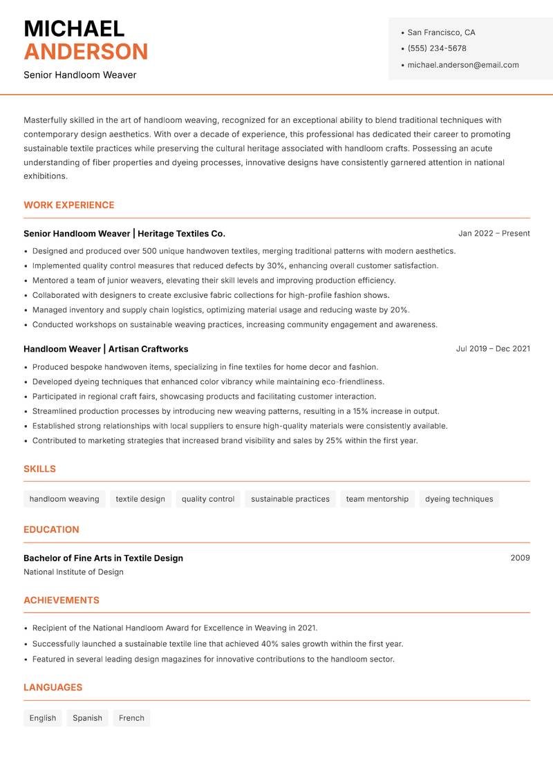 Handloom Weaver Resume Template
